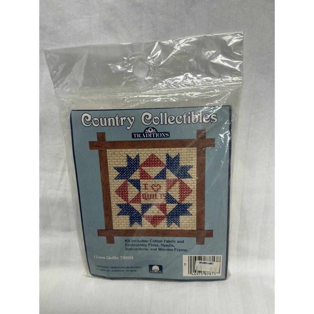 1986 Country Collectibles Complete Counted Cross Stitch Kit I LOVE QUILTS T8604